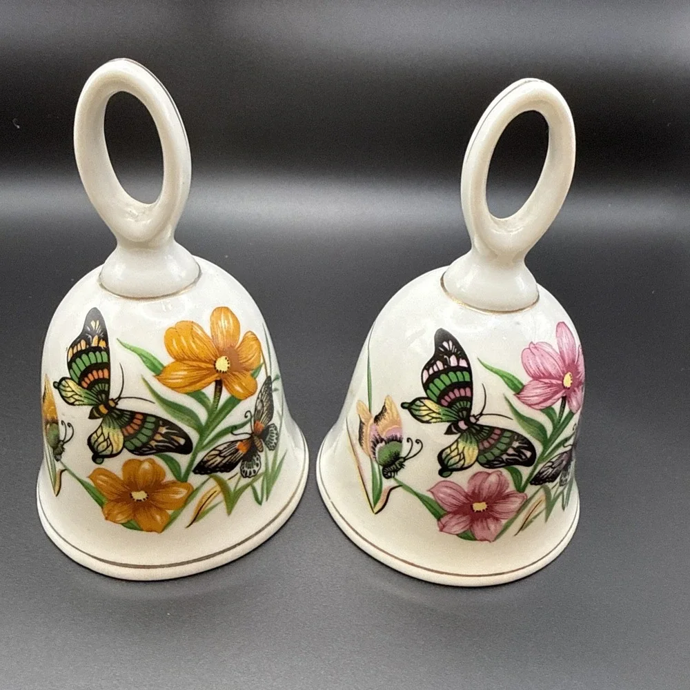 Vintage UCGC Decorative Bell Orange Pink Wild Flowers Butterflies Hand Painted 2